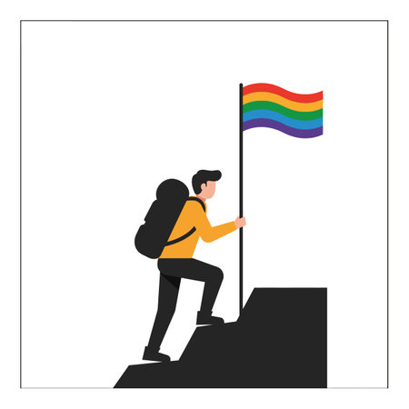 A determined hiker with a backpack climbs a slope, raising a colorful rainbow flag to signify pride and achievement.のイラスト素材
