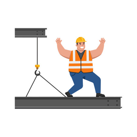 A cheerful construction worker in a hard hat performs a balancing act on a steel beam, demonstrating safety and confidence in a minimal design.のイラスト素材
