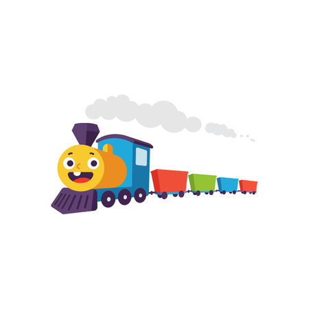 A cheerful cartoon train with a smiling face pulls colorful carriages, emitting fluffy clouds of smoke in a playful scene.のイラスト素材