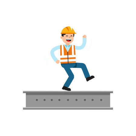 A cheerful construction worker in an orange vest and hard hat dances on a steel beam, showing enthusiasm and safety in the workplace.のイラスト素材
