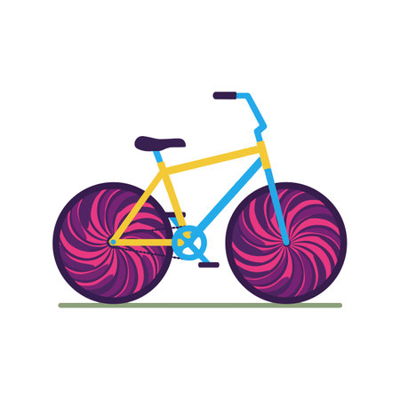 A bright bicycle features spiraled wheels in shades of pink and purple, positioned on a green line, conveying a playful and energetic mood.のイラスト素材
