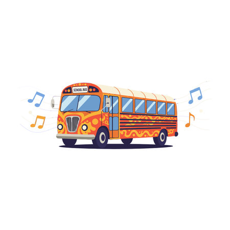 A vibrant retro bus with musical notes surrounding it, showcasing lively colors and a fun...