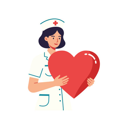 A nurse in scrubs gently holds a large red heart, showing compassion and dedication in a bright, cheerful atmosphere.のイラスト素材