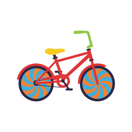A vibrant red bicycle features eye-catching spiral designs on its wheels, showing a fun and cheerful atmosphere.のイラスト素材