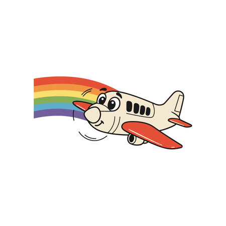 A joyful cartoon airplane with a smiling face soars playfully beneath a colorful rainbow, creating a fun and whimsical atmosphere.のイラスト素材