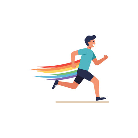 A cheerful young man dashes forward, leaving a vibrant rainbow trail behind him, embodying joy and freedom.のイラスト素材