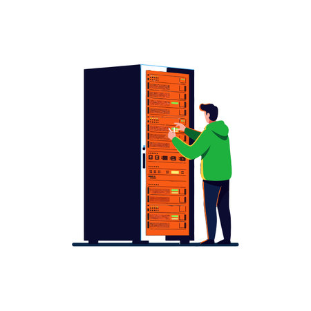 A young man in a green hoodie selects an item from a vibrant orange vending machine, showing a lively and engaging atmosphere.のイラスト素材