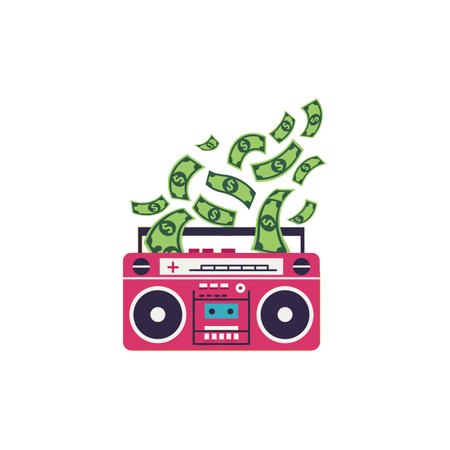 A vibrant boombox emits joy as dollar bills float around, symbolizing wealth and musics carefree spirit.のイラスト素材