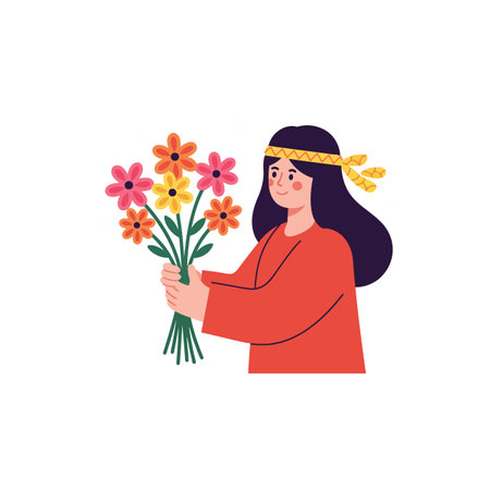 A smiling woman with long dark hair wears a headband and presents a vibrant bouquet of flowers, radiating joy and warmth.のイラスト素材