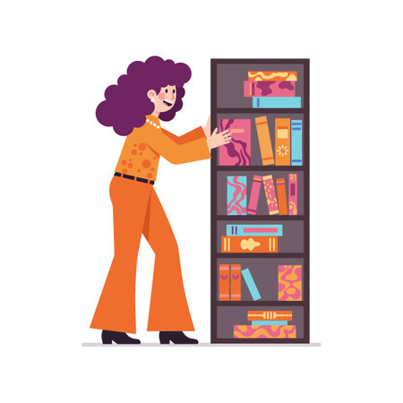A cheerful woman in an orange outfit smiles while arranging various patterned books on a modern bookshelf, creating an inviting atmosphere.のイラスト素材