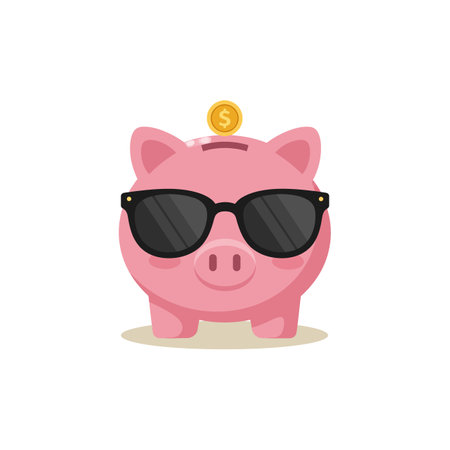 A cheerful piggy bank with stylish sunglasses and a coin on its head, exuding a playful and fun atmosphere.のイラスト素材