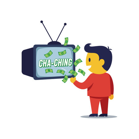 A young boy in a red outfit smiles as he interacts with a retro television, which shows money symbols, creating a playful atmosphere.のイラスト素材