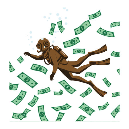 A diver in a vintage diving suit swims joyfully through a sea of floating dollar bills, creating a playful and imaginative atmosphere.のイラスト素材