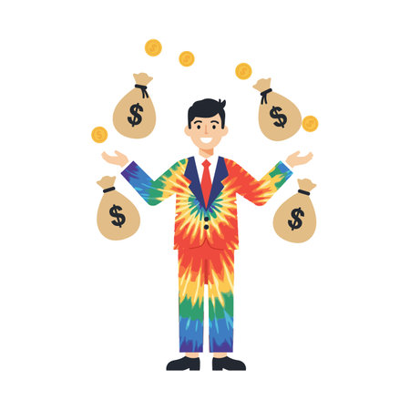 A joyful businessman balances money bags and coins while wearing a vibrant tie-dye suit, exuding a lighthearted, fun atmosphere.のイラスト素材