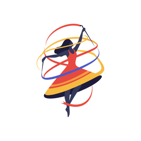 A dancer twirls energetically, wearing a red dress, with colorful ribbons swirling around her, creating a lively and joyful atmosphere.のイラスト素材