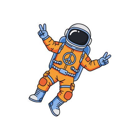 A cheerful astronaut floats in space, dressed in an orange suit, flashing a peace sign with a joyful expression.のイラスト素材