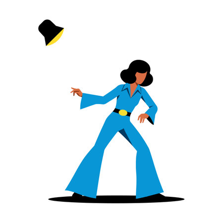 A woman in a blue jumpsuit strikes a dance pose, joyfully tossing a hat in a lively and energetic atmosphere.のイラスト素材