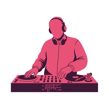 A DJ wears headphones, skillfully blending tracks on turntables, exuding a vibrant and energetic atmosphere at a lively event.のイラスト素材