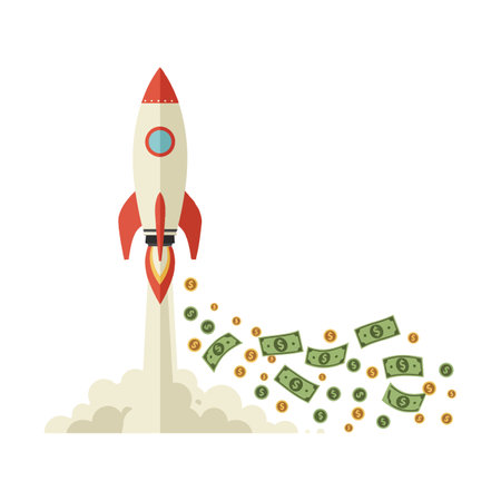A rocket takes off with vibrant bills and coins swirling in the air, symbolizing financial success and ambition.のイラスト素材