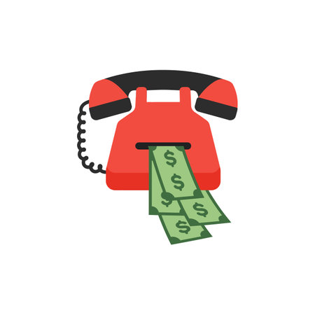 A vintage red telephone displays money bills flowing out, symbolizing financial transactions and creativity in a playful, modern design.のイラスト素材
