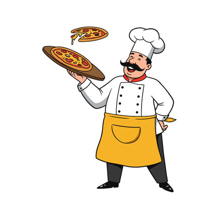 A cheerful chef skillfully tosses a pizza while wearing a white uniform and yellow apron, exuding a lively and fun atmosphere.のイラスト素材