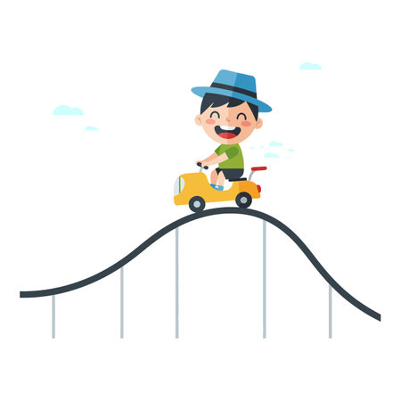 A smiling boy in a blue hat joyfully drives a yellow toy car over a roller coaster peak, embodying excitement and adventure.のイラスト素材