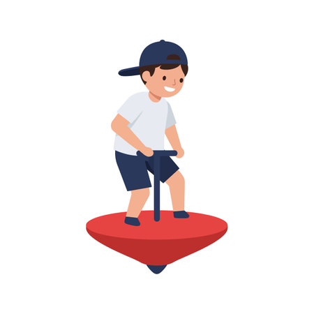 A smiling boy stands confidently on a spinning top, embodying playfulness and excitement in a vibrant, minimal design.のイラスト素材