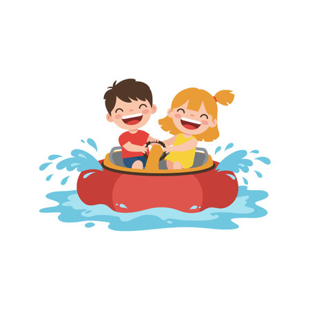Two smiling kids in a red boat enjoy splashing water around, radiating happiness and excitement in a fun setting.のイラスト素材