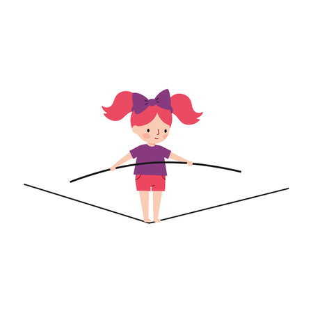 A young girl with pigtails confidently balances on a tightrope, showcasing determination and joy in a vibrant, playful scene.のイラスト素材