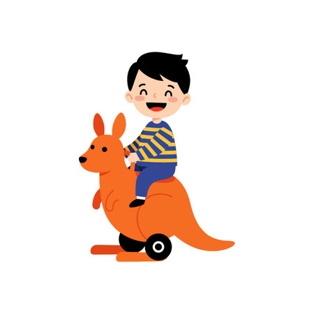 A happy child in a striped shirt joyfully rides an orange kangaroo toy, embodying playfulness and fun in a vibrant scene.のイラスト素材