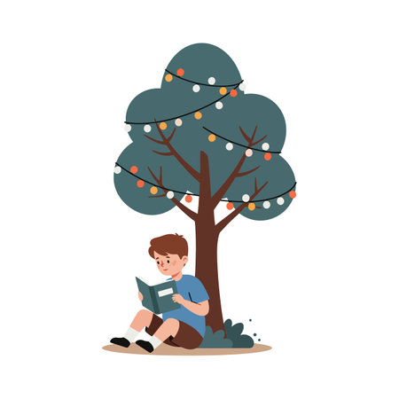 A cheerful boy sits on the ground, engrossed in a book, beneath a vibrant tree adorned with colorful string lights.のイラスト素材