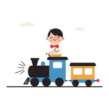 A joyful child in a bow tie sits on a blue train, smiling broadly while the train pulls a yellow car, creating a cheerful atmosphere.のイラスト素材