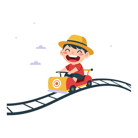 A happy boy wearing a hat joyfully rides a colorful toy train on wavy tracks, embodying a sense of fun and adventure.のイラスト素材