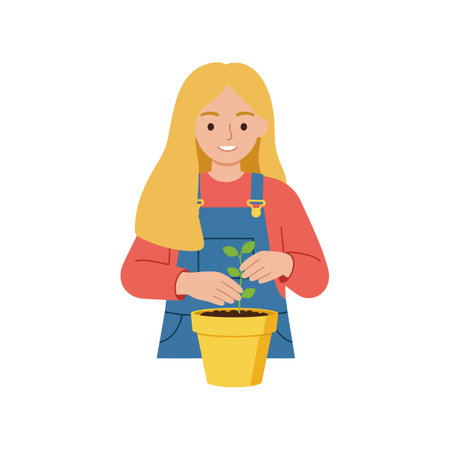 A cheerful woman with long blonde hair delicately plants a small green seedling in a bright yellow pot, radiating a nurturing atmosphere.のイラスト素材