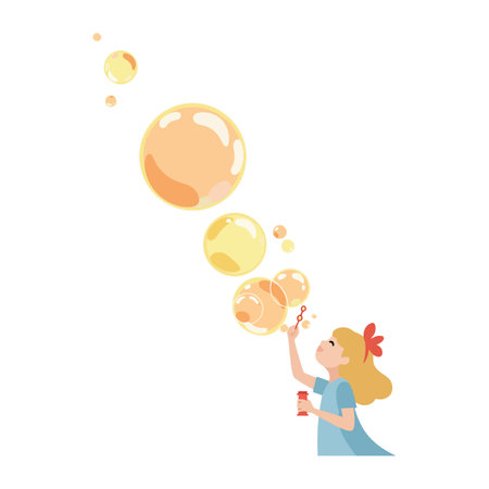 A girl with a red bow happily blows bubbles, creating a joyful atmosphere filled with floating spheres.のイラスト素材