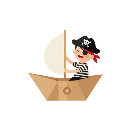 A joyful child in a pirate costume navigates a paper boat, embodying adventure and imagination.のイラスト素材