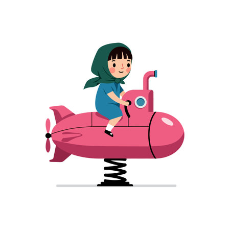 A joyful girl in a blue dress and green scarf bounces on a pink submarine spring toy, radiating happiness and playfulness in a vibrant setting.のイラスト素材