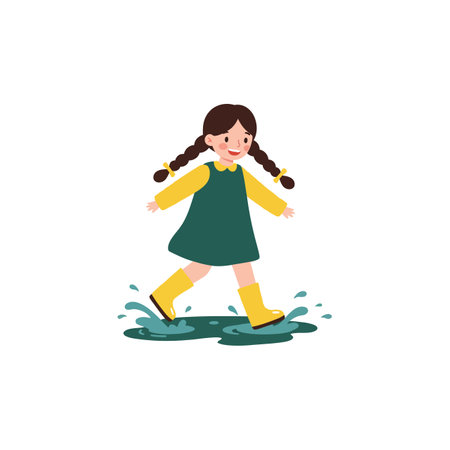 A joyful girl with braided hair walks through puddles, splashing water around her, embodying a playful and carefree atmosphere.のイラスト素材