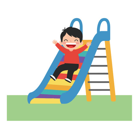 A cheerful boy in a red shirt gleefully slides down a vibrant playground slide, expressing excitement and happiness in a playful setting.のイラスト素材