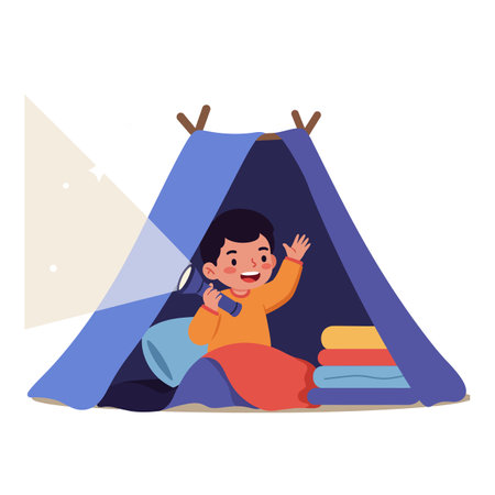 A cheerful boy waves while sitting in a cozy tent, illuminating his space with a flashlight, creating a playful atmosphere.のイラスト素材