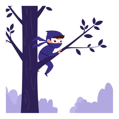 A playful young ninja crouches on a tree branch, showingcasing agility and stealth, surrounded by stylized foliage in a whimsical atmosphere.のイラスト素材