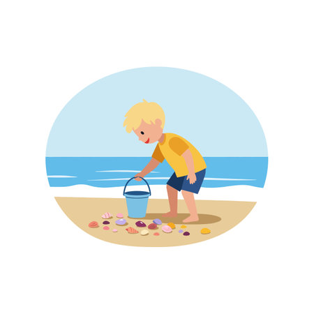 A young boy bends down, happily gathering seashells in a blue bucket by the shoreline, radiating joy and curiosity.のイラスト素材