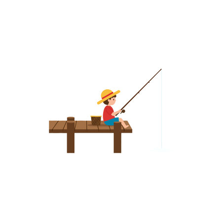 A cheerful boy in a straw hat sits on a dock, holding a fishing rod, enjoying a serene fishing experience.のイラスト素材