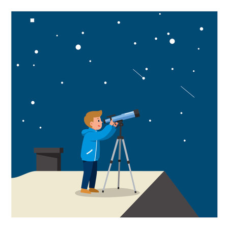 A curious boy in a blue jacket gazes at the night sky through a telescope, filled with wonder and excitement.のイラスト素材