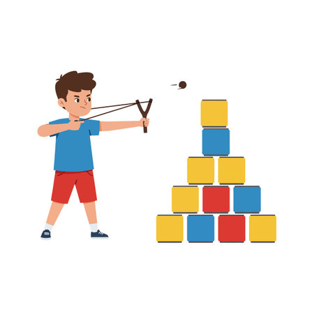 A young boy in a blue shirt and red shorts focuses intently while aiming a slingshot at a stack of yellow, blue, and red blocks.のイラスト素材