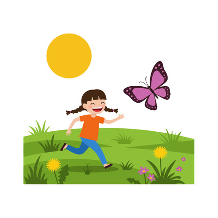 A cheerful girl with pigtails joyfully runs across vibrant grass, reaching out to a purple butterfly under a bright sun.のイラスト素材