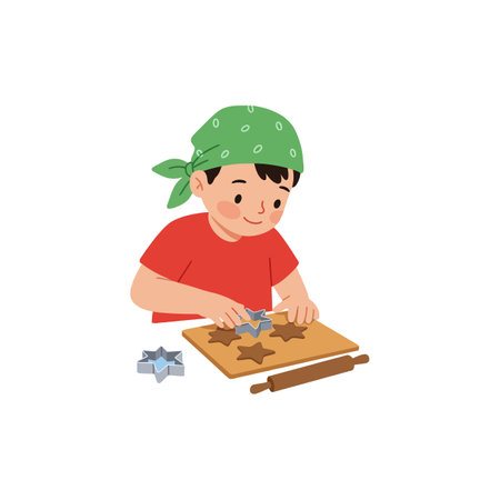 A young boy smiles as he uses cookie cutters on a wooden board, creating star shapes, embodying joy and creativity in baking.のイラスト素材