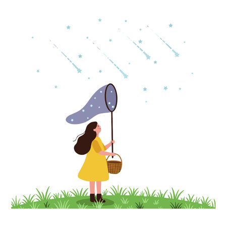 A girl stands on green grass, holding a net and basket, joyfully attempting to catch falling stars under a clear sky.のイラスト素材