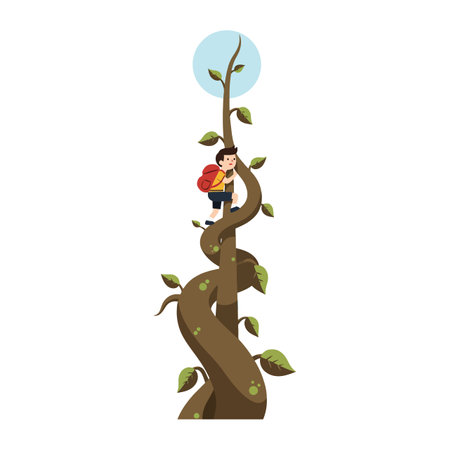 A young boy ascends a twisting vine, carrying a backpack, with green leaves fluttering against a clear blue sky.のイラスト素材