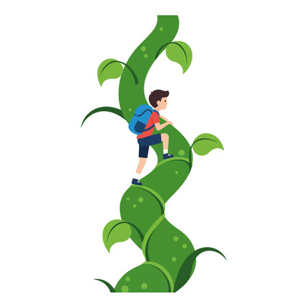 A young boy, wearing a backpack, climbs a vibrant green beanstalk with determination, showcasing adventure and curiosity.のイラスト素材